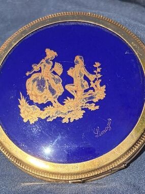 Vintage Limoges France Cobalt Blue Enamel Powder Compact Gold Tone Vanity